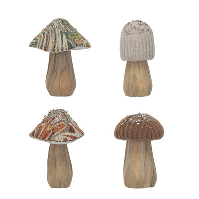 Fabric Topped Foam Mushrooms with Wood Base, Sequins, and Glitter, Multicolor...-image