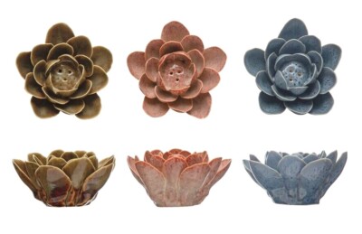 Creative Co-Op Lotus Flower Shape Stick Incense Holder Pick 1 Brown Pink or Blue-image
