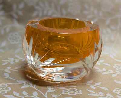 Mid-Century clear and orange heavy crystal centerpiece and ashtray, elegantly-image