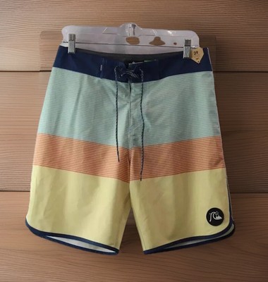 NEW NWT Mens Quiksilver Blue/Yellow/Orange Stripe Mid-Length Swim Trunks Size 29-image