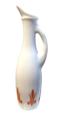 Mid Century Modern White Milk Glass Oil Pitcher Orange Accents Retro 7.5” T-image