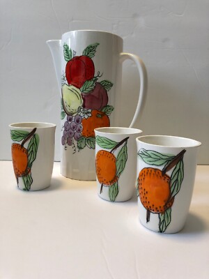 MID CENTURY 1950'S CERAMIC PITCHER WITH 3 CUPS HAND-PAINTED W/ FRUITS DESIGN.-image