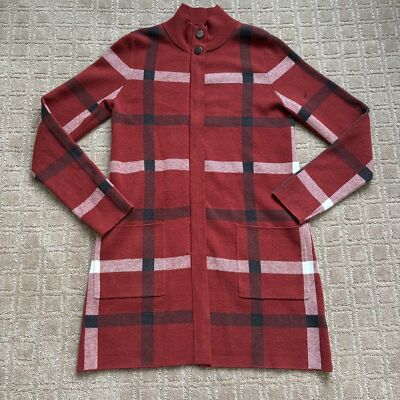 Tahari Plaid Mid Length Duster Jacket Fleece Red Orange Pockets Zip Coat Small -image