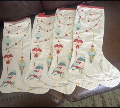 Set Of 4 Beautiful Embroidered Creative CO-OP Christmas Stockings Bird Ornament-image