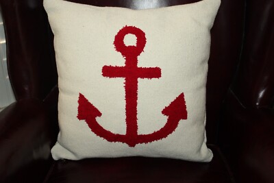 CREATIVE CO-OP Red Anchor Nautical Hooked Heavy Cotton Pillow 16 x 16-image