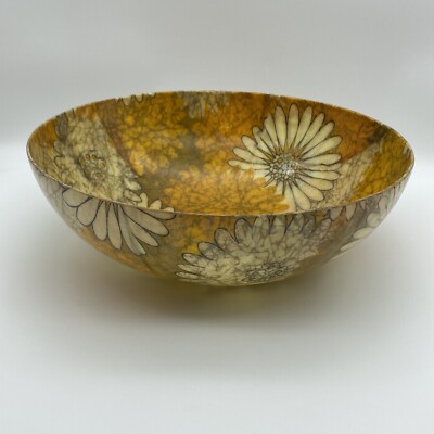 Vintage MCM Fiberglass Salad Serving Bowl Traymold Gold Orange Daisy Mid Century-image