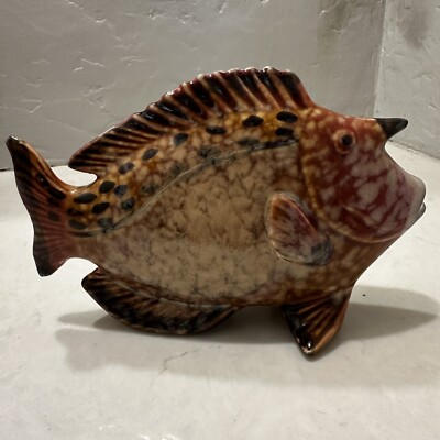 Mid Century Ceramic Unicorn Fish Treacle Glaze Free Standing Orange Browns-image