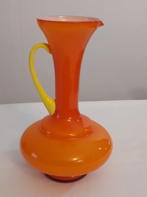 MCM Mid Century EMPOLI Italy Art Glass ORANGE YELLOW Handled Two-Tone PITCHER-image