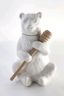 Creative Co-op Ceramic Bear Shaped Honey Jar With Bamboo Honey Dipper-image