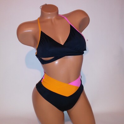 Victoria Secret PINK Swim Bikini XS Top & Bottom Black Pink Orange Mid Rise Wrap-image