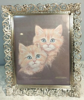 Mid Century Metal Scroll Frame Gold Tone Orange Cats Art Print Guzman-Forbes-image