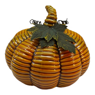 Wicker Look Orange Ceramic Pumpkin Fall Autumn Harvest Wired Leaf-image