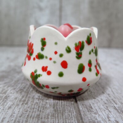 SPLATTER Orange/Green CANDLE HOLDER MID CENTURY MODERN ART POTTERY  2 1/8