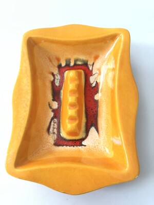 Fabulous Mid Century Mod Orange Drip Glaze Ashtray /Trinket Dish 9x6”-image