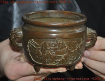 China Buddhism temple bronze landscape statue joss Incense burner Censer-image