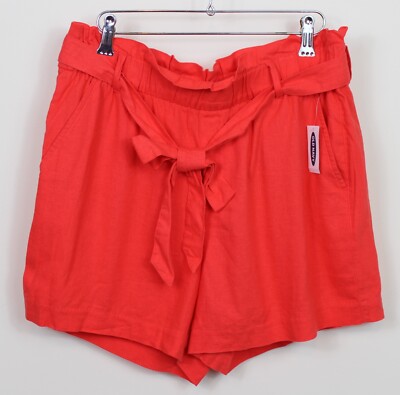 Old Navy Shorts Women’s Size 12 Orange Linen Blend Belted Everyday Mid Rise NWT-image