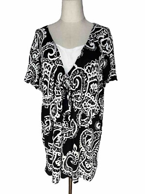 Style & Co Top Women’s 1x Stretch Knit Tunic Shirt Blouse Black White Printed-image