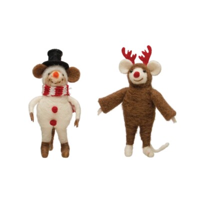 Creative Co-Op Wool Felt Mouse Figurine Choose Snowman or Reindeer Mouse-image