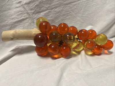 Mid Century Lucite Grapes Bunch On Driftwood 16” 30 Orange And Yellow Grapes-image