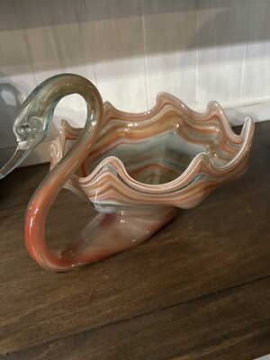 Hand Blown Art Glass Swan Bowl Brown/Orange Swirl Glass USA Mid-Century-image