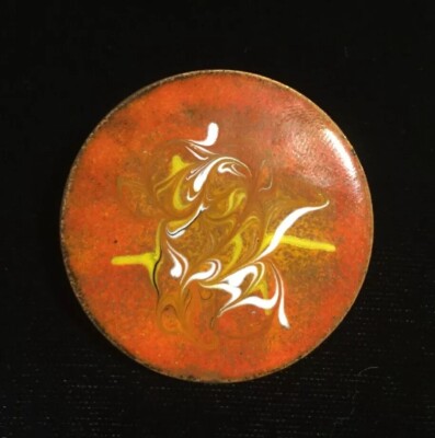 Vintage Mid Century Round Orange Swirl Enamel Brooch-image