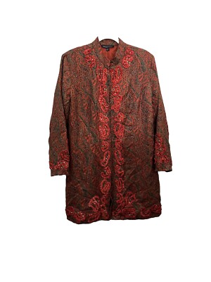 Indigo Moon Embroidered And Beaded Mid Length Jacket Mock Neck Rust Orange Large-image