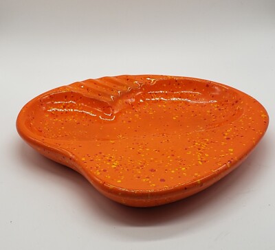 Vtg  MCM Ashtray  Speckled Orange W/ Yellow & Red Ceramic 10 1/4