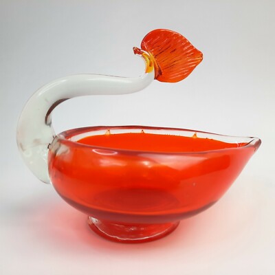 Handblown Art Glass Swan Bowl Orange Comb VTG MCM Fall Decor MCM-image