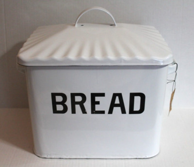 Creative Co-Op White Enamel Metal Retro Farmhouse Style Bread Box with Lid NEW-image