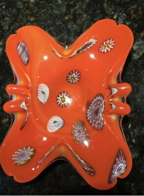 Beautiful Murano Art Glass Orange & White Bowl Millefiori Mid-Century Modern-image