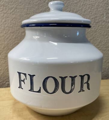 Vintage Farm Design Enamelware Flour Canister W/ Lid Creative Co-op White Navy-image