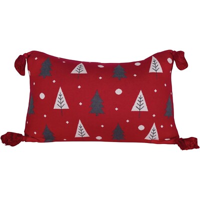 Creative Co-Op Cotton Knit Lumbar Trees and Tassels Pillows Red White Grey - New-image