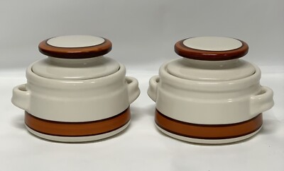 Vintage Mid Century California Pottery Soup Bowl Lidded Orange Brown Set Of 2-image