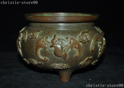 Marked Chinese dynasty palace bronze bat cloud wealth Joss Incense burner Censer-image