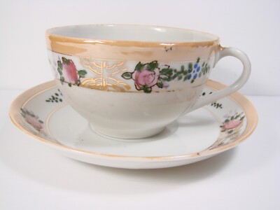 CUP AND SAUCER MADE IN JAPAN ORANGE RIM & PINK ROSES-image