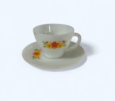 Vintage FIRE KING Milk Glass Orange Cosmo Yellow Daisy CUP & SAUCER-image