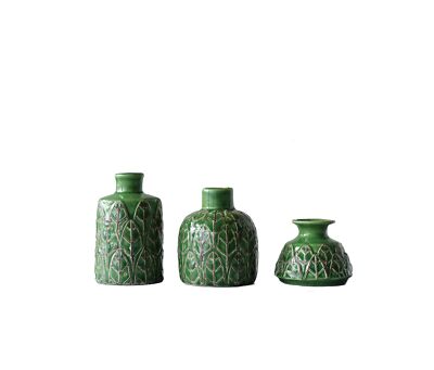 Creative Co-Op Green Embossed Stoneware Vases (Set of 3 Sizes)-image