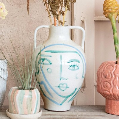 Creative Co-Op Hand-Painted Terra-Cotta Vase with Abstract Face and Crackle G...-image