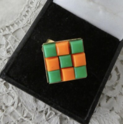 Vintage Mid Century Mod Orange & Green Lucite Checkerboard Bead Ring #Hippie-image