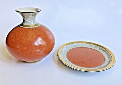 Royal Copenhagen~OLSEN CRACKLE PORCELAIN ORANGE&GOLD VASE AND PLATE~Mid-Century-image