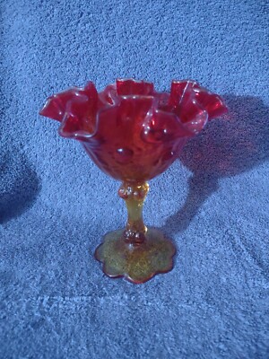 Vintage MCM Glass Vase Amberina Red Orange Glass Ruffled Top Mid Century Modern-image