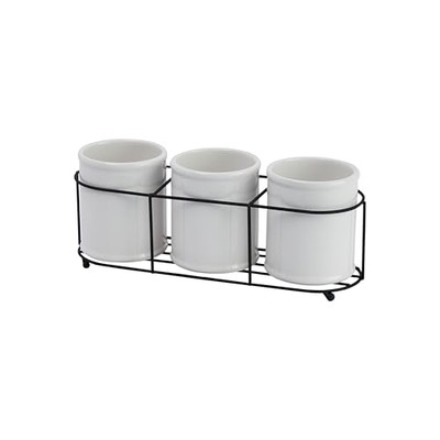 Creative Co-Op Set of 3 White Ceramic Crocks in Black Metal Holder-image