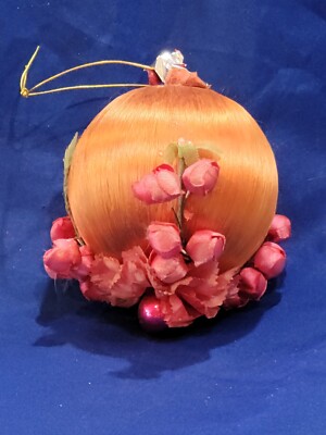 Vintage Mid Century Christmas  Ornament Orange Pink Ball flowers 1960s Retro -image