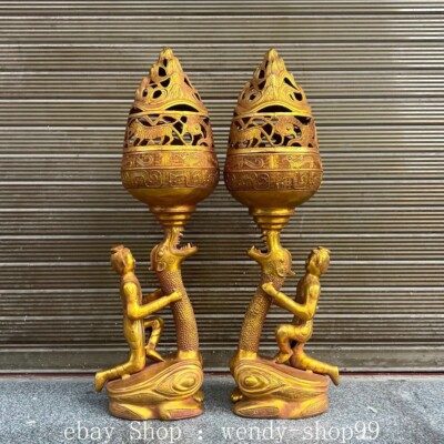 Old Dynasty Bronze Ware Gold Dragon Beast Boshan Joss Incense Burner Censer Pair-image