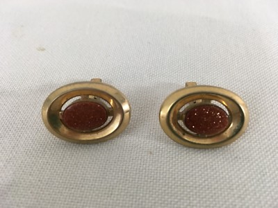 Mid Century Retro Glitter Orange Stone Vintage Gold Cuff Links-image