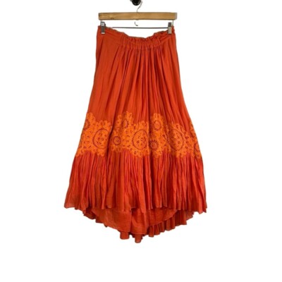 Floreat Skirt Women M Orange Full Floral Embroidery Pleated Festival Rave Boho-image