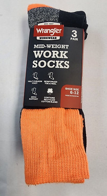 Wrangler Workwear Mid-Weight Work Socks 3 Pair Black Orange Size 6-12-image