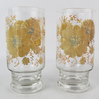 Set of 2 Mid Century Glass Tumblers Clear w/ Yellow Flowers Orange Leaves Hearts-image