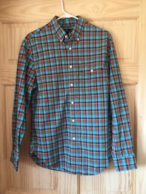 LL BEAN LONG SLEEVE SHIRT BLUE ORANGE CHECKERED PLAID MID WEIGHT COTTON M-image