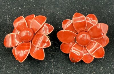VTG Retro Boho Clip On Burnt Orange Enamel Flower Earrings Mid Century Mod C1109-image